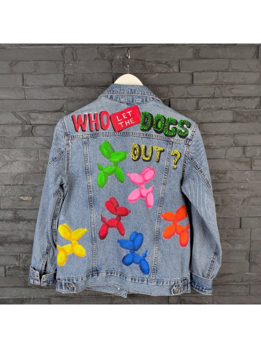 Y2K Retro Groovy Boho Jean Jacket Pop Art Painted Upcycled Balloon Dogs Wom XS